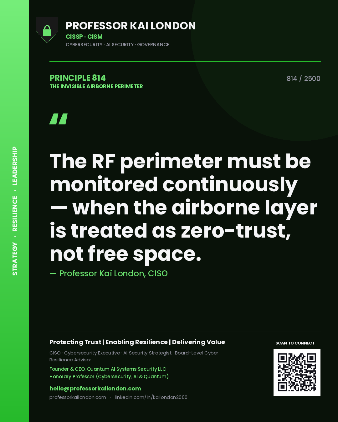 Professor Kai London principle 814: The RF perimeter must be monitored continuously — when the airborne layer is treated as zero-trust, not free space.