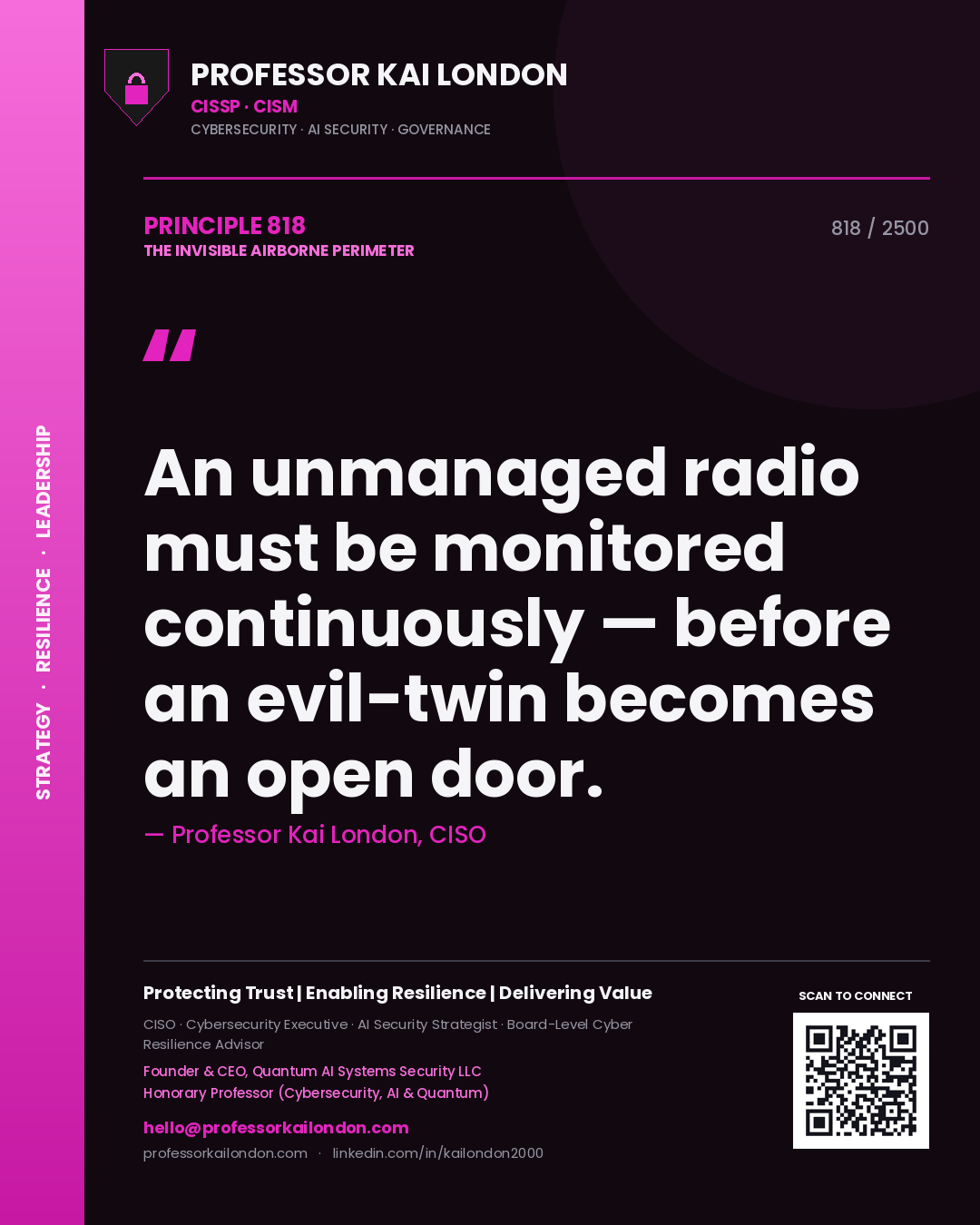 Quote card by Professor Kai London reading 'An unmanaged radio must be monitored continuously — before an evil-twin becomes an open door.'. From the book The Invisible Airborne Perimeter.