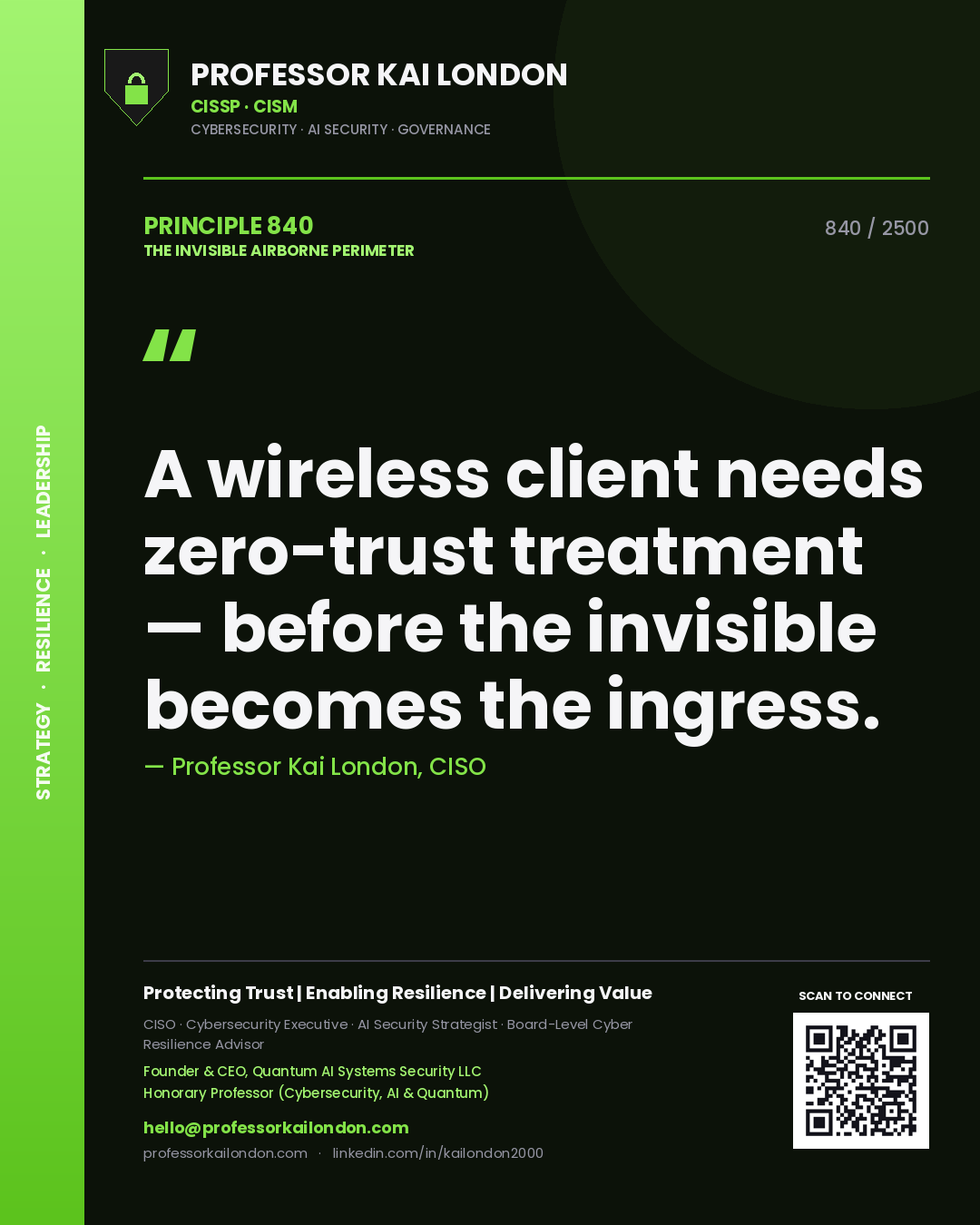 Quote card by Professor Kai London reading 'A wireless client needs zero-trust treatment — before the invisible becomes the ingress.'. From the book The Invisible Airborne Perimeter.