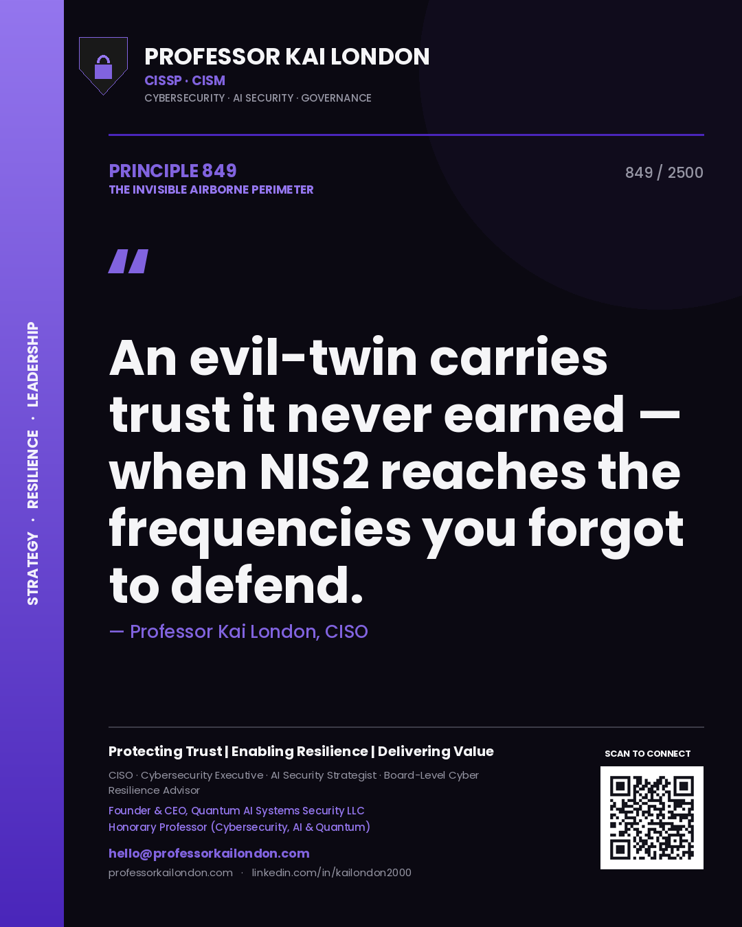 Quote card by Professor Kai London reading 'An evil-twin carries trust it never earned — when NIS2 reaches the frequencies you forgot to defend.'. From the book The Invisible Airborne Perimeter.
