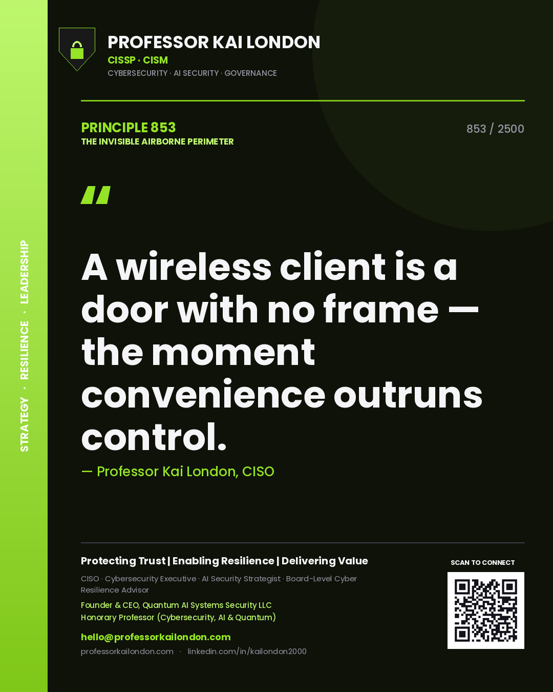 Quote card by Professor Kai London reading 'A wireless client is a door with no frame — the moment convenience outruns control.'. From the book The Invisible Airborne Perimeter.