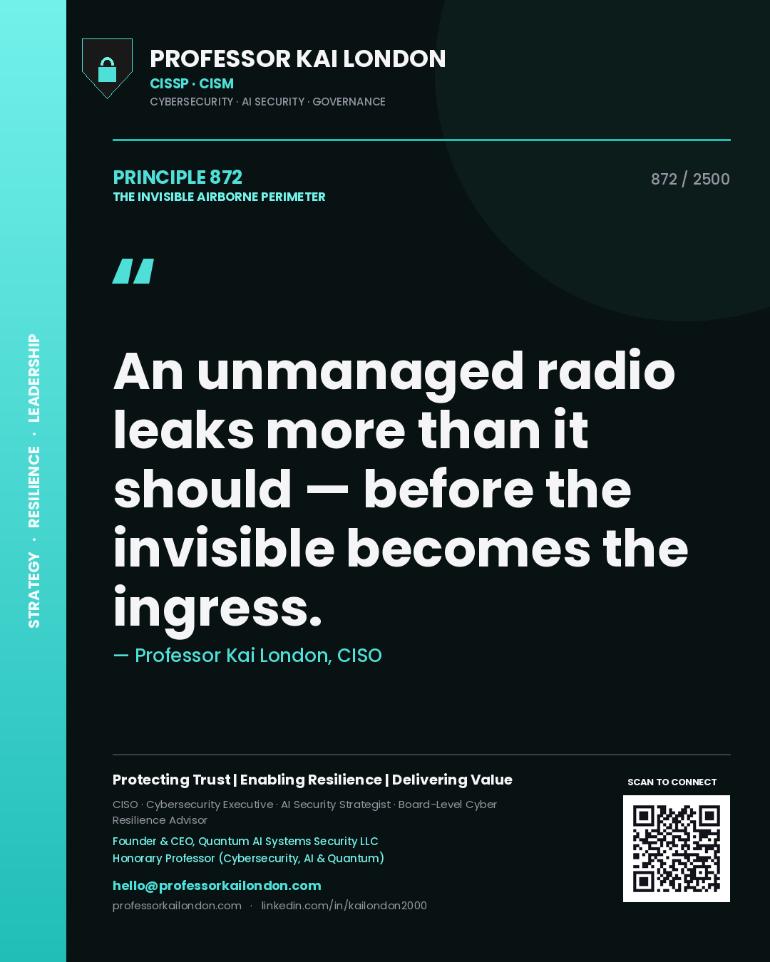 Quote card by Professor Kai London reading 'An unmanaged radio leaks more than it should — before the invisible becomes the ingress.'. From the book The Invisible Airborne Perimeter.