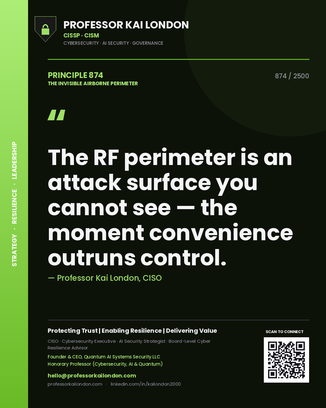 Quote card by Professor Kai London reading 'The RF perimeter is an attack surface you cannot see — the moment convenience outruns control.'. From the book The Invisible Airborne Perimeter.
