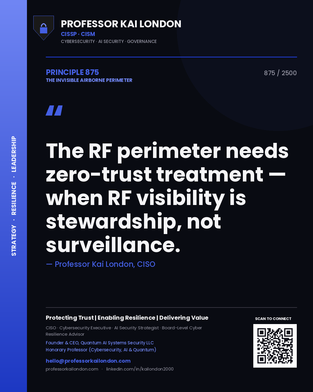 Quote card by Professor Kai London reading 'The RF perimeter needs zero-trust treatment — when RF visibility is stewardship, not surveillance.'. From the book The Invisible Airborne Perimeter.