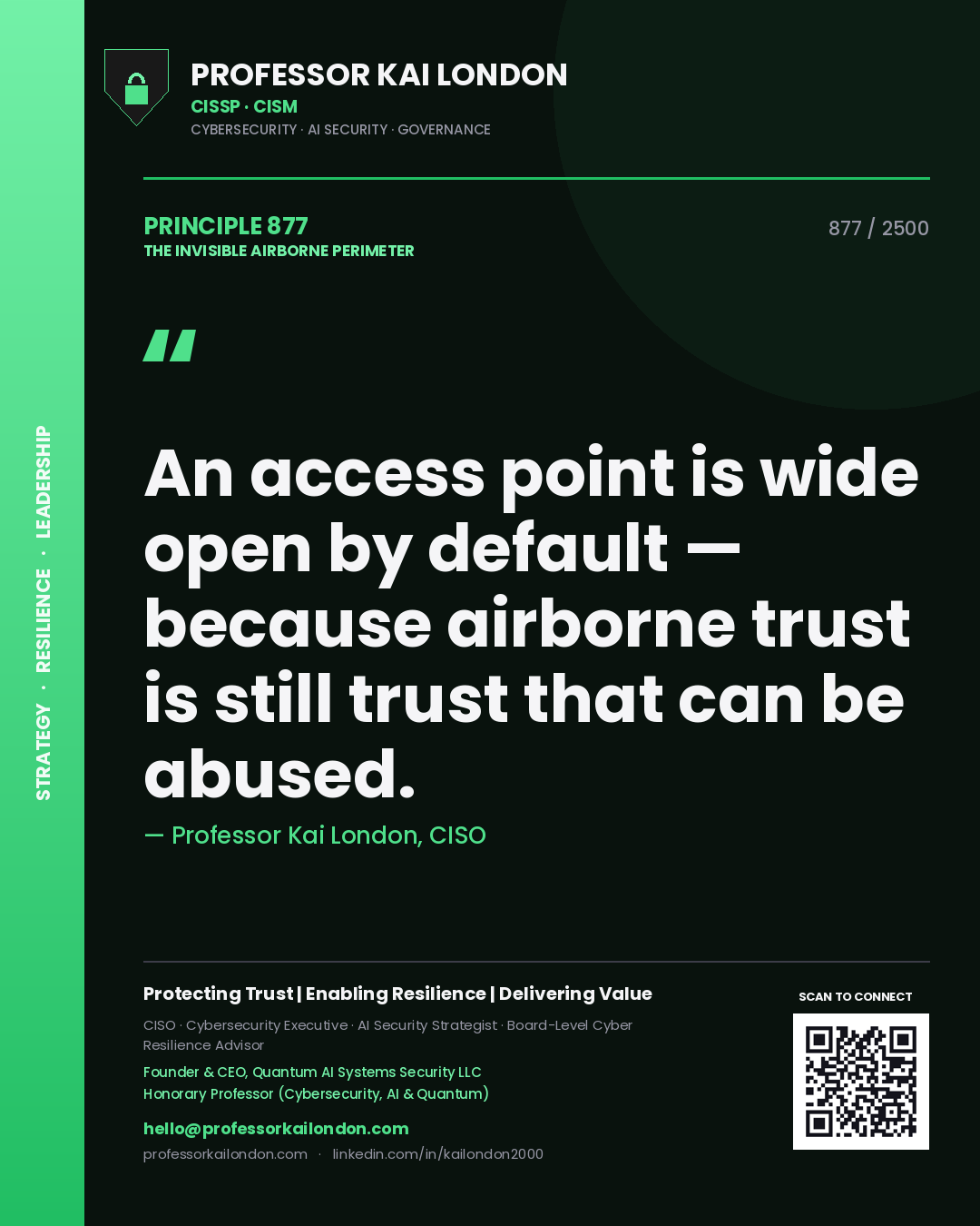 Quote card by Professor Kai London reading 'An access point is wide open by default — because airborne trust is still trust that can be abused.'. From the book The Invisible Airborne Perimeter.