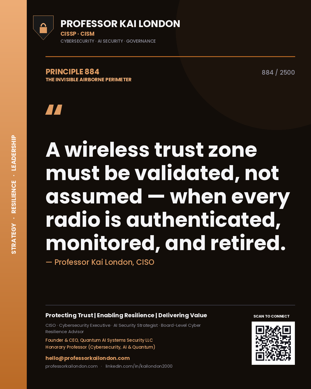 Quote card by Professor Kai London reading 'A wireless trust zone must be validated, not assumed — when every radio is authenticated, monitored, and retired.'. From the book The Invisible Airborne Perimeter.