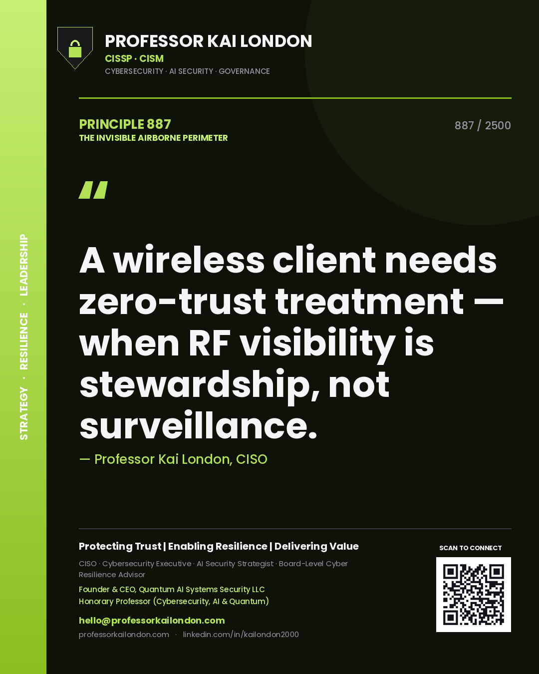 Quote card by Professor Kai London reading 'A wireless client needs zero-trust treatment — when RF visibility is stewardship, not surveillance.'. From the book The Invisible Airborne Perimeter.
