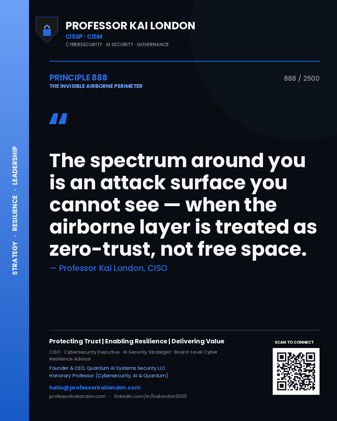 Quote card by Professor Kai London reading 'The spectrum around you is an attack surface you cannot see — when the airborne layer is treated as zero-trust, not free space.'. From the book The Invisible Airborne Perimeter.