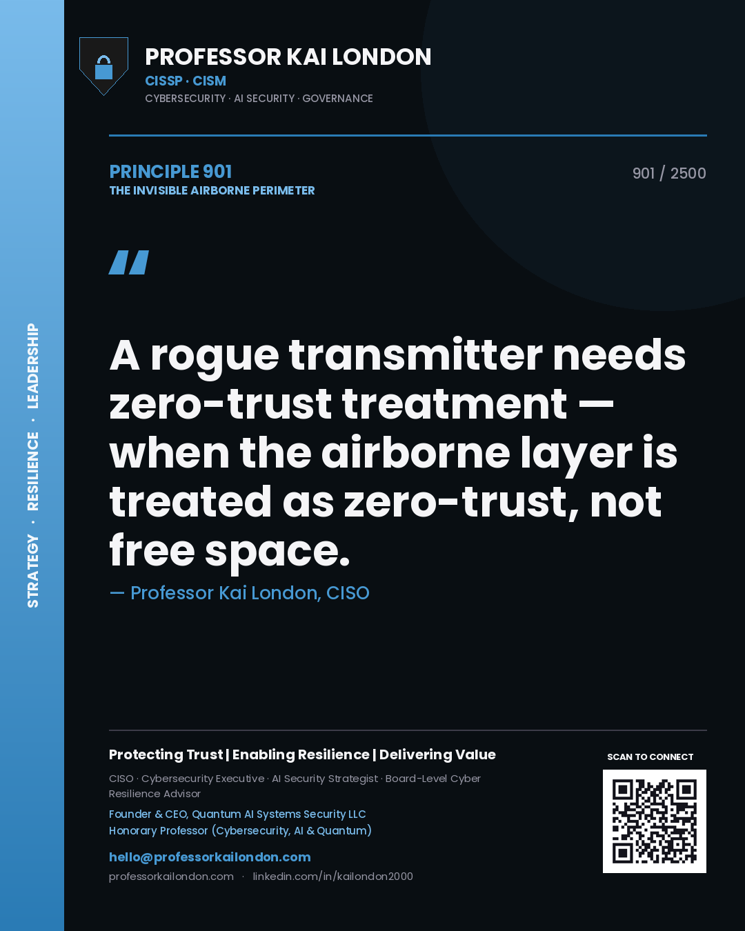Quote card by Professor Kai London reading 'A rogue transmitter needs zero-trust treatment — when the airborne layer is treated as zero-trust, not free space.'. From the book The Invisible Airborne Perimeter.
