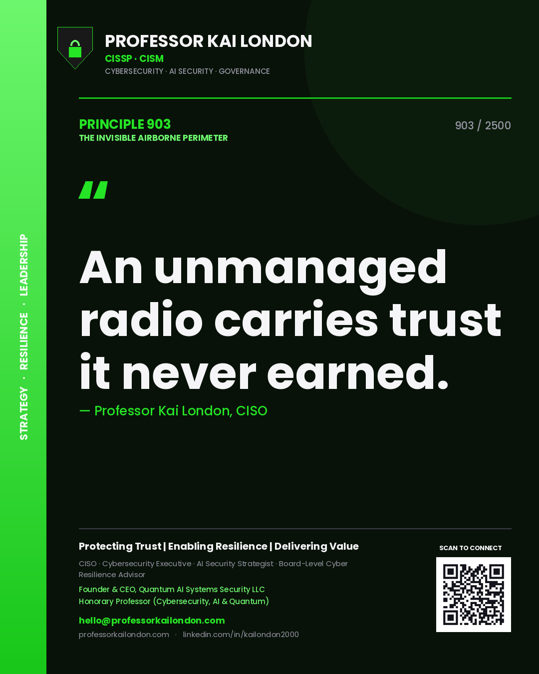 Quote card by Professor Kai London reading 'An unmanaged radio carries trust it never earned.'. From the book The Invisible Airborne Perimeter.