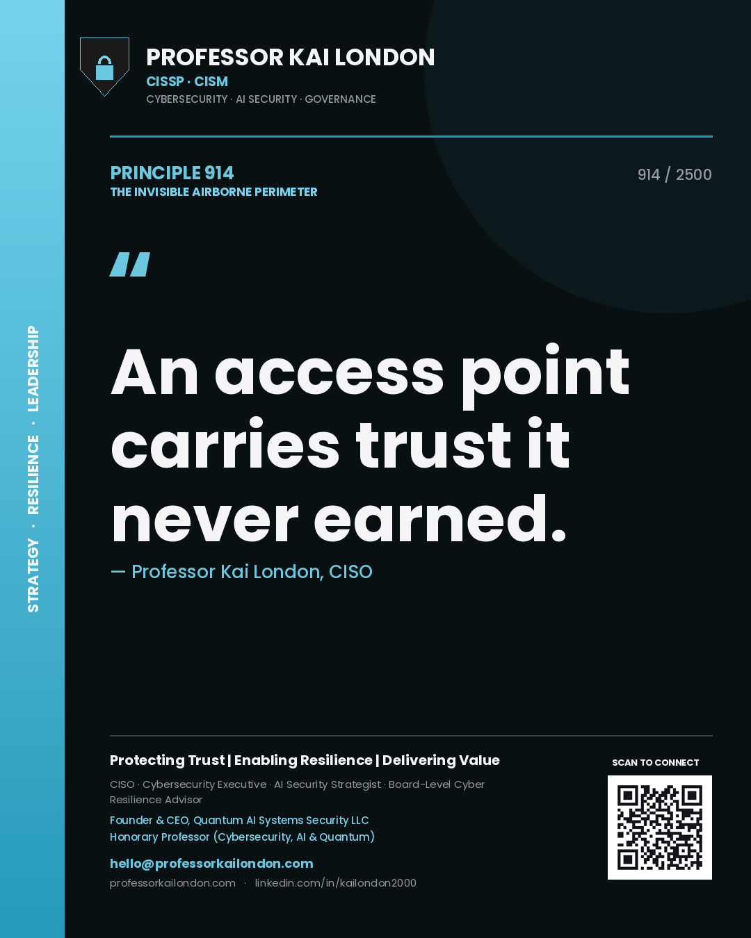 Quote card by Professor Kai London reading 'An access point carries trust it never earned.'. From the book The Invisible Airborne Perimeter.