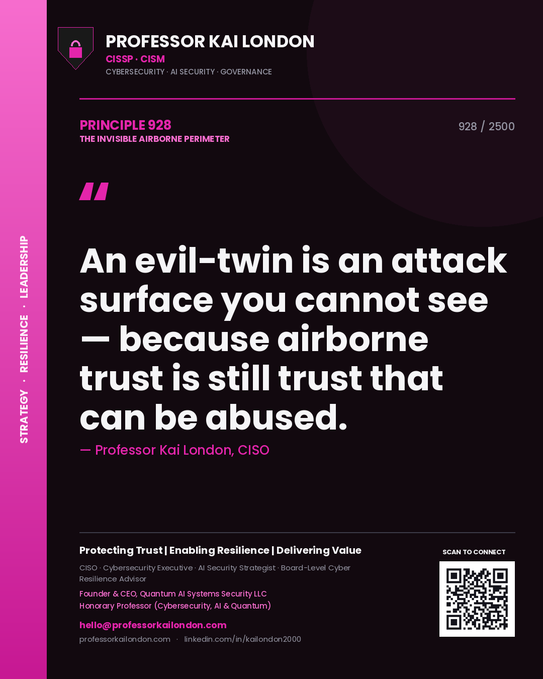 Quote card by Professor Kai London reading 'An evil-twin is an attack surface you cannot see — because airborne trust is still trust that can be abused.'. From the book The Invisible Airborne Perimeter.