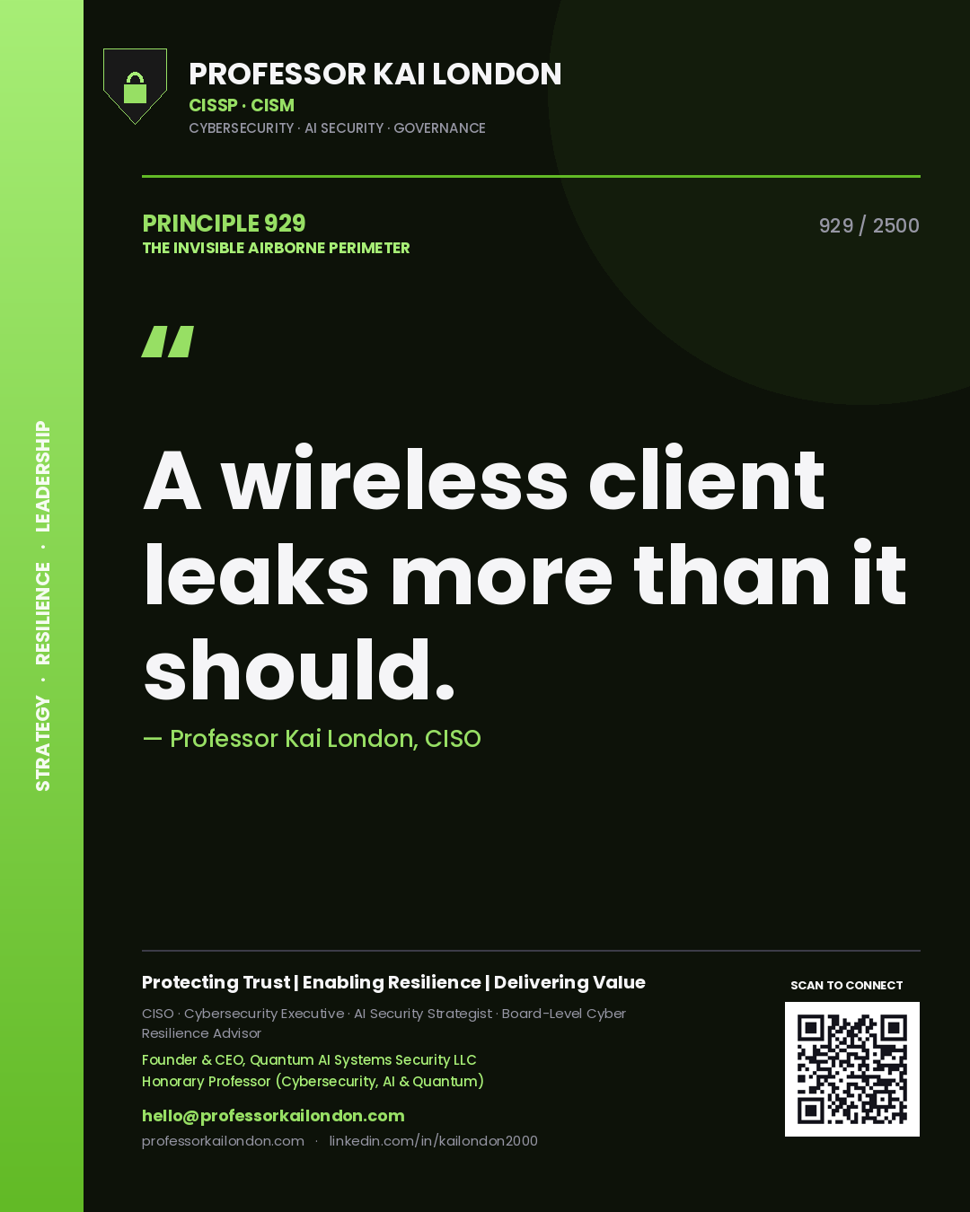 Quote card by Professor Kai London reading 'A wireless client leaks more than it should.'. From the book The Invisible Airborne Perimeter.