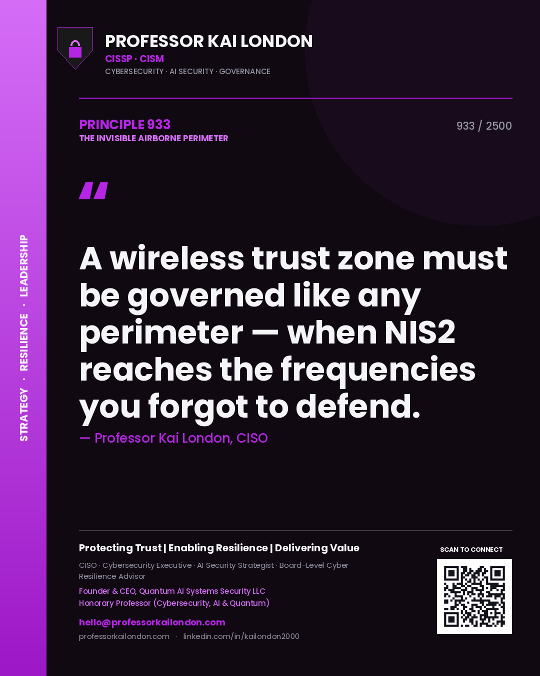 Quote card by Professor Kai London reading 'A wireless trust zone must be governed like any perimeter — when NIS2 reaches the frequencies you forgot to defend.'. From the book The Invisible Airborne Perimeter.
