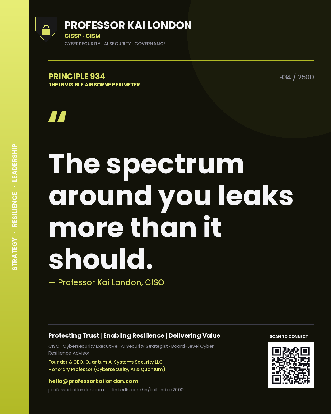 Quote card by Professor Kai London reading 'The spectrum around you leaks more than it should.'. From the book The Invisible Airborne Perimeter.