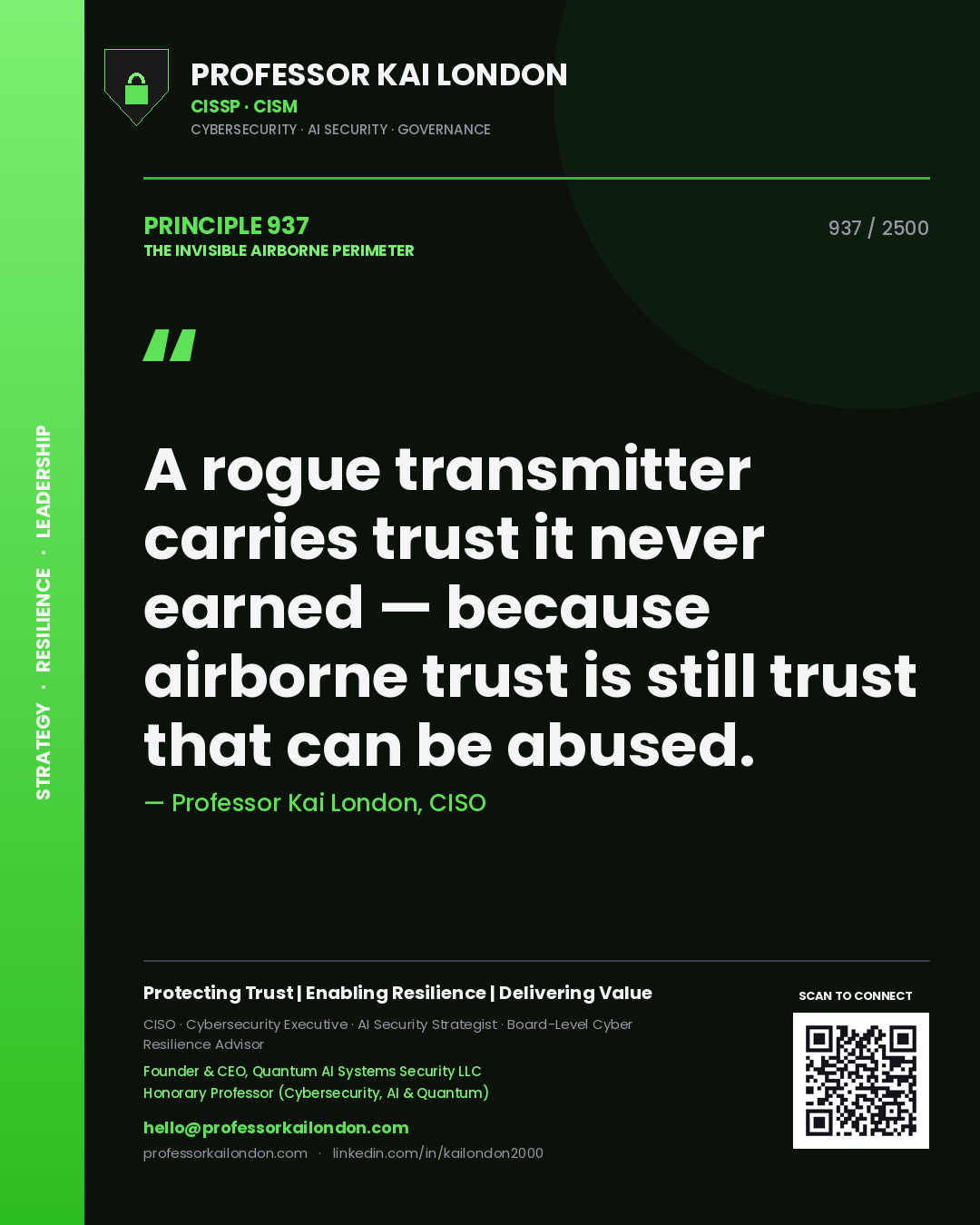Quote card by Professor Kai London reading 'A rogue transmitter carries trust it never earned — because airborne trust is still trust that can be abused.'. From the book The Invisible Airborne Perimeter.