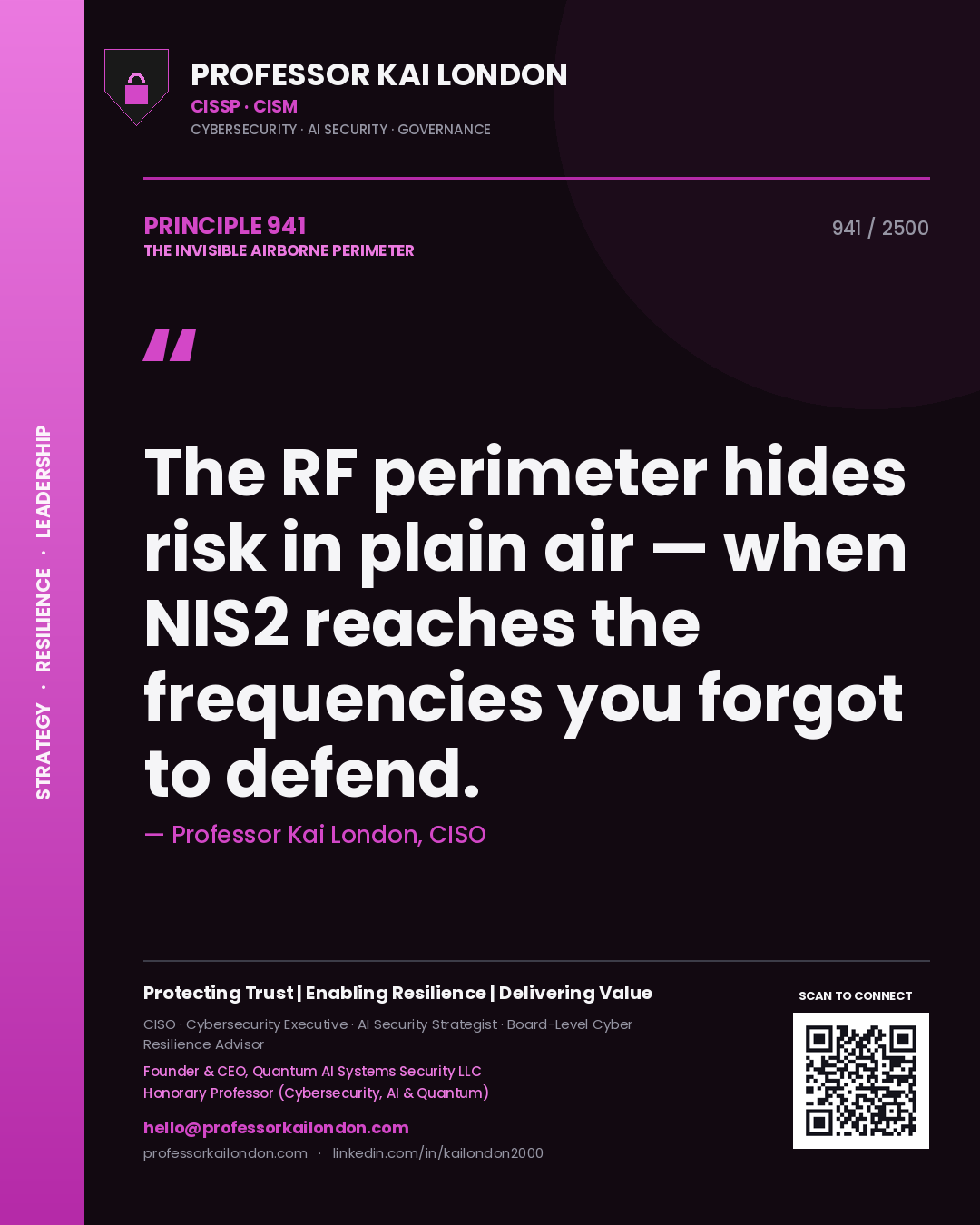 Professor Kai London principle 941: The RF perimeter hides risk in plain air — when NIS2 reaches the frequencies you forgot to defend.