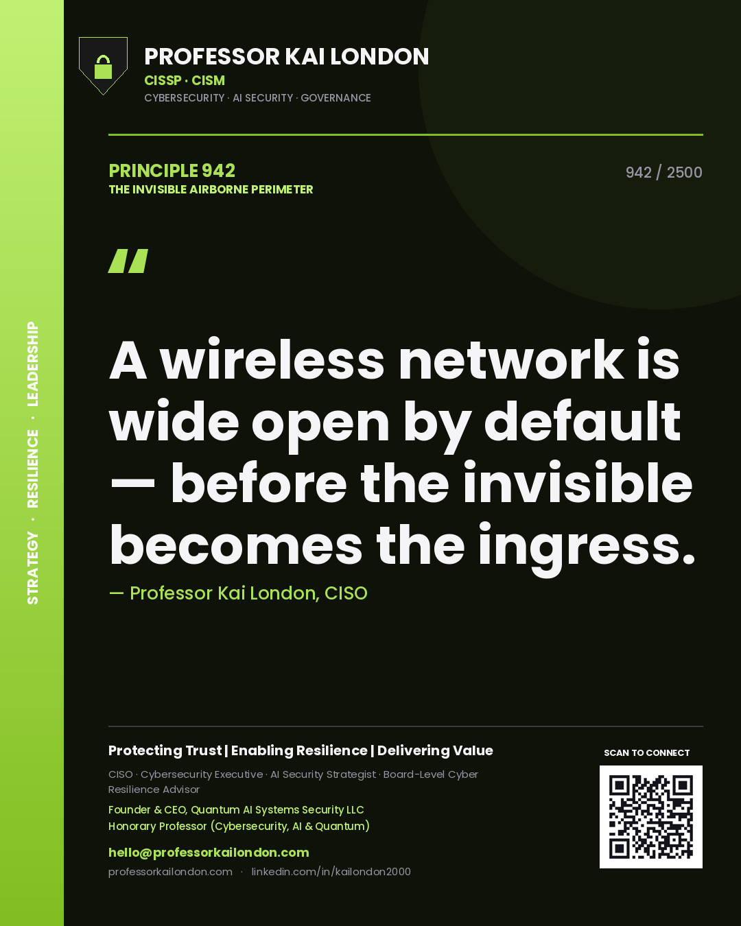 Quote card by Professor Kai London reading 'A wireless network is wide open by default — before the invisible becomes the ingress.'. From the book The Invisible Airborne Perimeter.