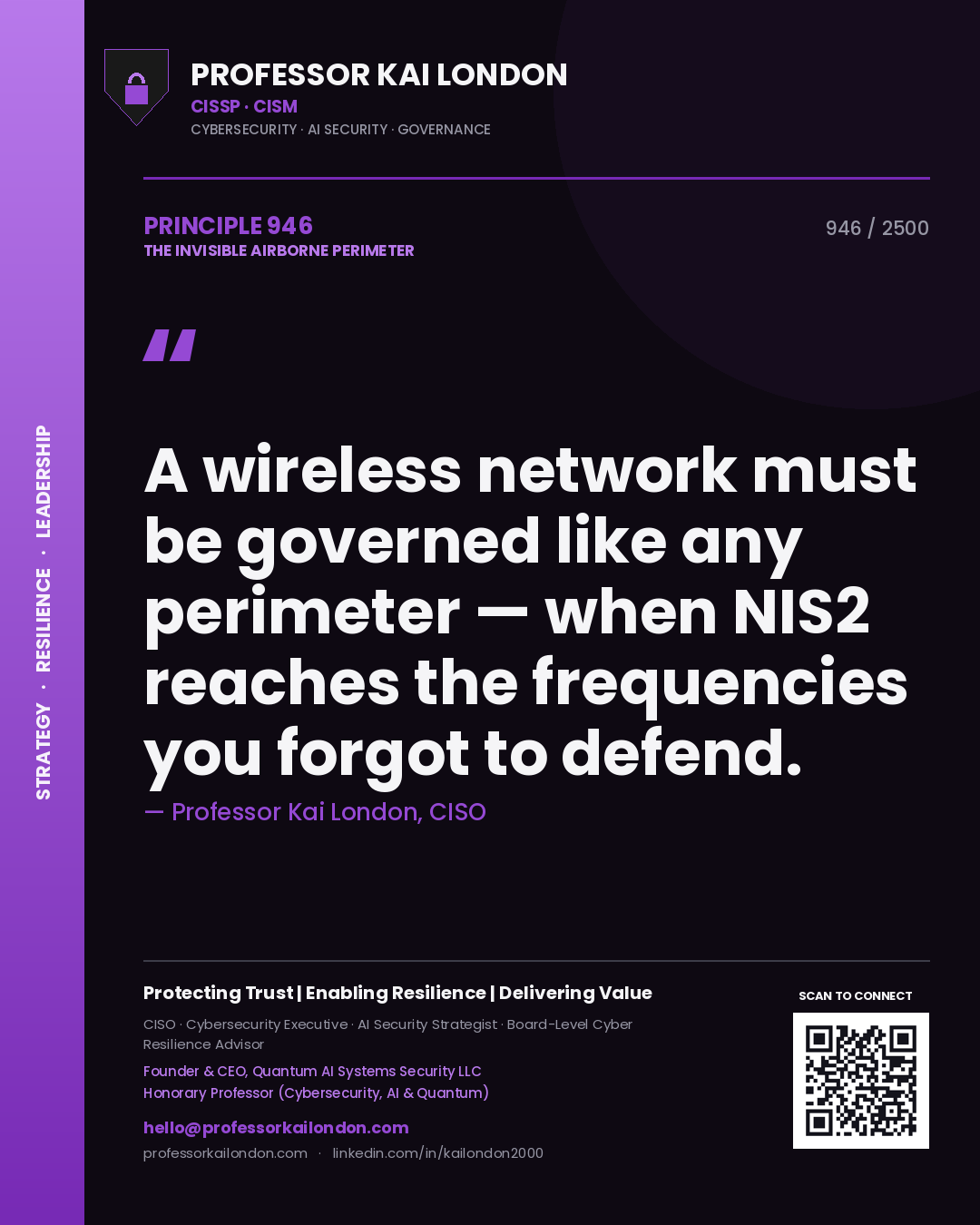 Quote card by Professor Kai London reading 'A wireless network must be governed like any perimeter — when NIS2 reaches the frequencies you forgot to defend.'. From the book The Invisible Airborne Perimeter.