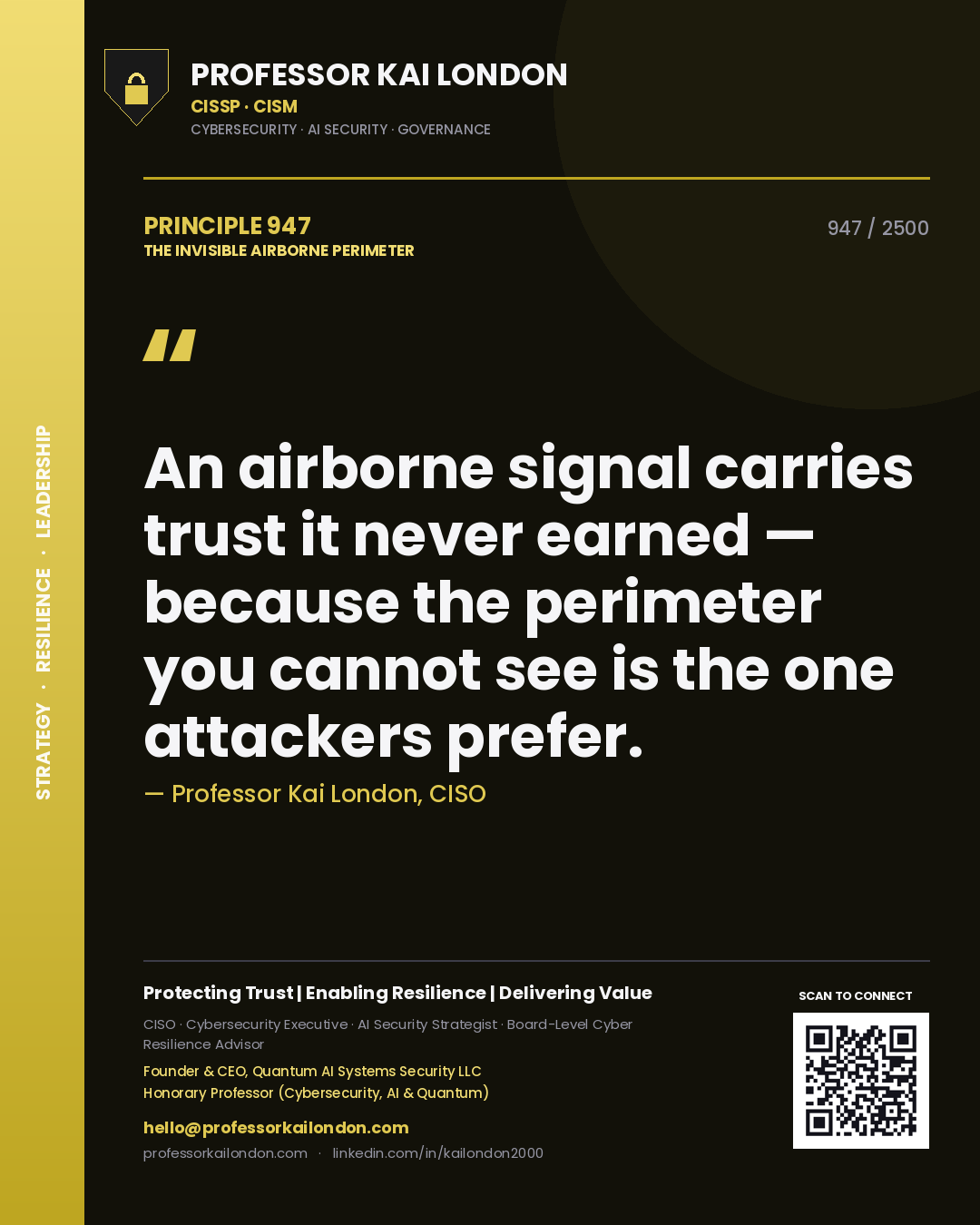 Quote card by Professor Kai London reading 'An airborne signal carries trust it never earned — because the perimeter you cannot see is the one attackers prefer.'. From the book The Invisible Airborne Perimeter.
