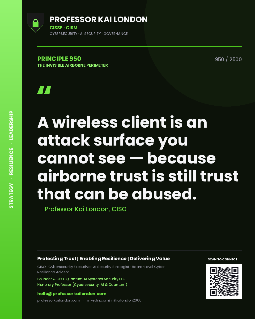 Quote card by Professor Kai London reading 'A wireless client is an attack surface you cannot see — because airborne trust is still trust that can be abused.'. From the book The Invisible Airborne Perimeter.