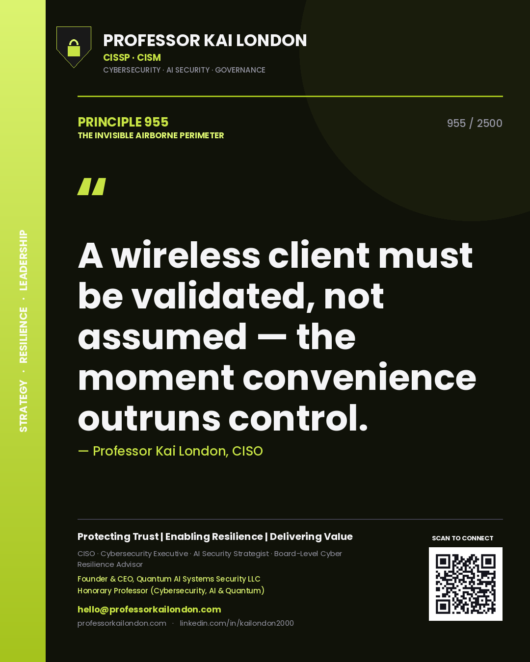Quote card by Professor Kai London reading 'A wireless client must be validated, not assumed — the moment convenience outruns control.'. From the book The Invisible Airborne Perimeter.