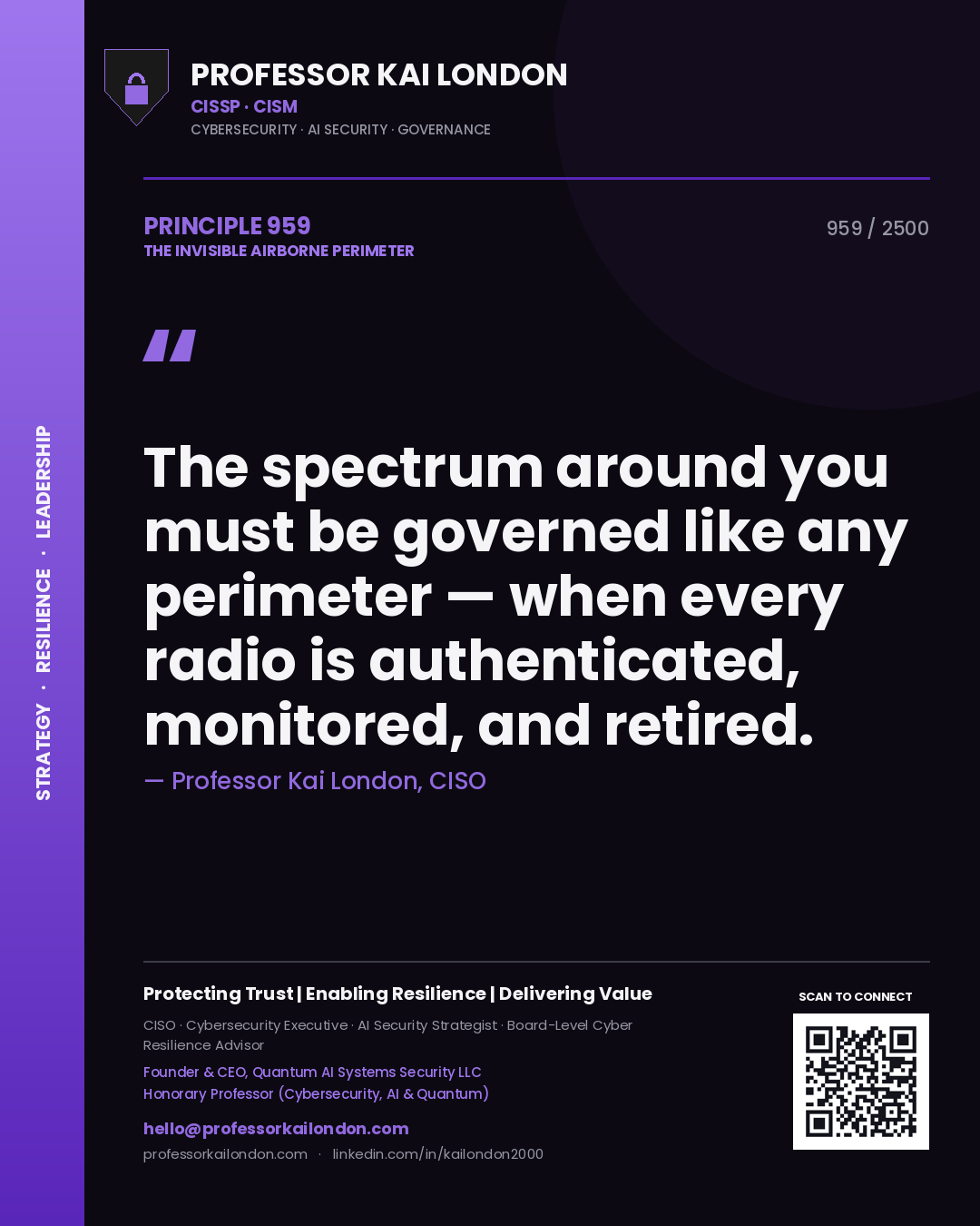 Quote card by Professor Kai London reading 'The spectrum around you must be governed like any perimeter — when every radio is authenticated, monitored, and retired.'. From the book The Invisible Airborne Perimeter.