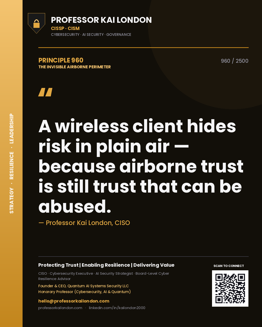 Quote card by Professor Kai London reading 'A wireless client hides risk in plain air — because airborne trust is still trust that can be abused.'. From the book The Invisible Airborne Perimeter.