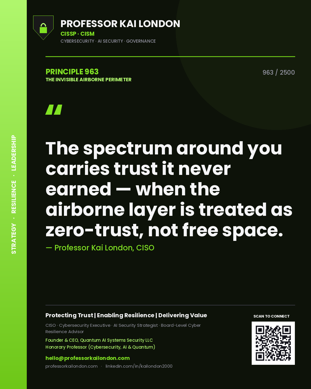 Quote card by Professor Kai London reading 'The spectrum around you carries trust it never earned — when the airborne layer is treated as zero-trust, not free space.'. From the book The Invisible Airborne Perimeter.