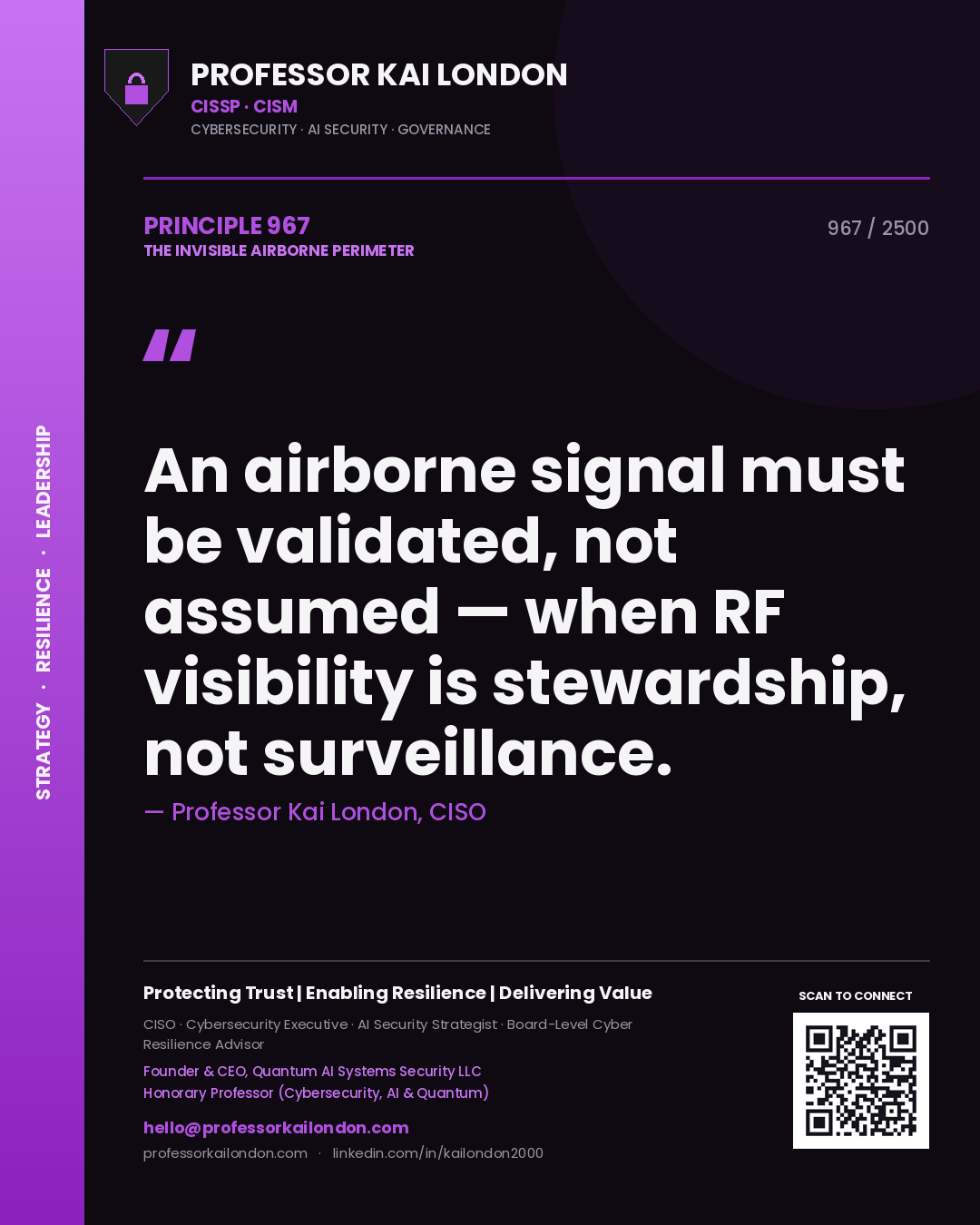 Quote card by Professor Kai London reading 'An airborne signal must be validated, not assumed — when RF visibility is stewardship, not surveillance.'. From the book The Invisible Airborne Perimeter.