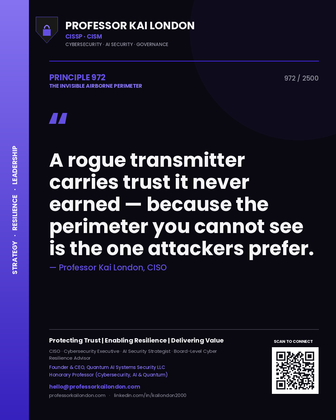 Quote card by Professor Kai London reading 'A rogue transmitter carries trust it never earned — because the perimeter you cannot see is the one attackers prefer.'. From the book The Invisible Airborne Perimeter.