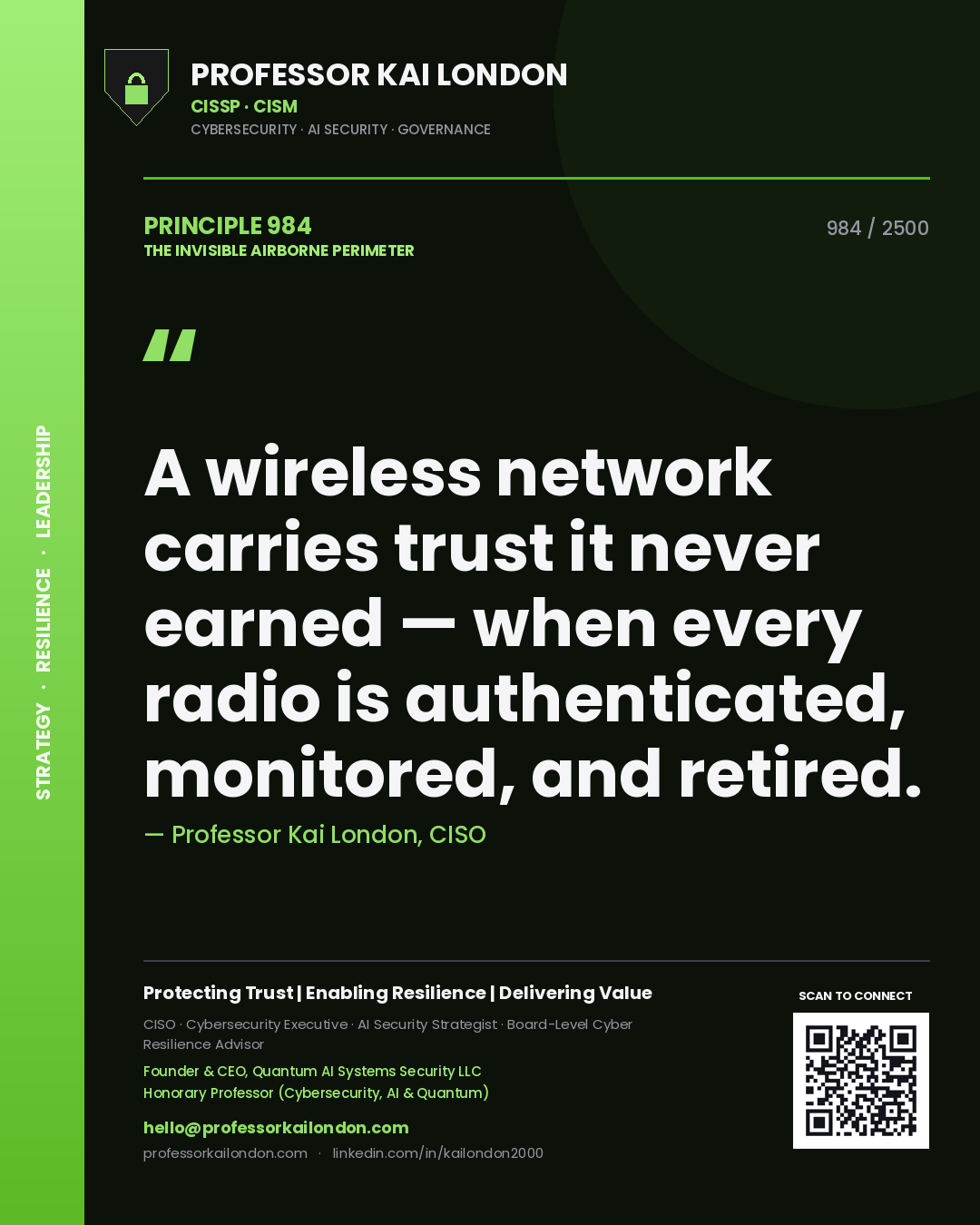 Professor Kai London principle 984: A wireless network carries trust it never earned — when every radio is authenticated, monitored, and retired.