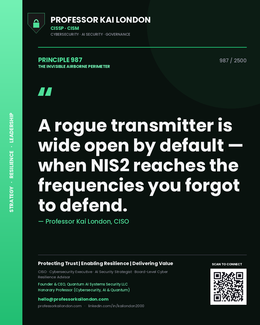 Quote card by Professor Kai London reading 'A rogue transmitter is wide open by default — when NIS2 reaches the frequencies you forgot to defend.'. From the book The Invisible Airborne Perimeter.