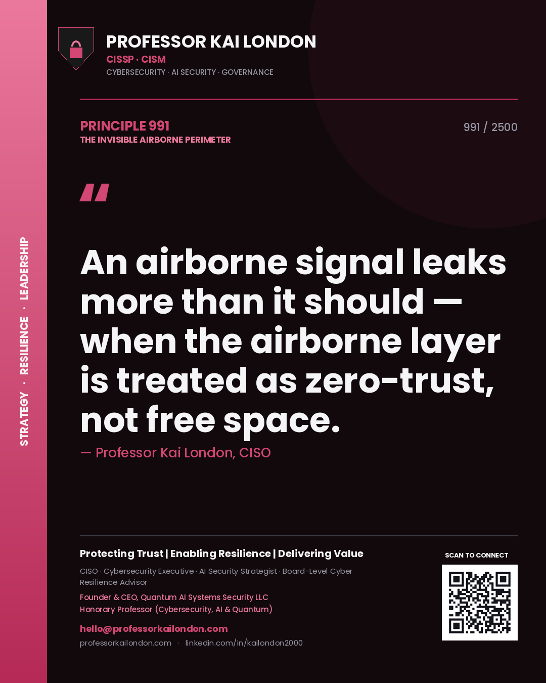 Quote card by Professor Kai London reading 'An airborne signal leaks more than it should — when the airborne layer is treated as zero-trust, not free space.'. From the book The Invisible Airborne Perimeter.