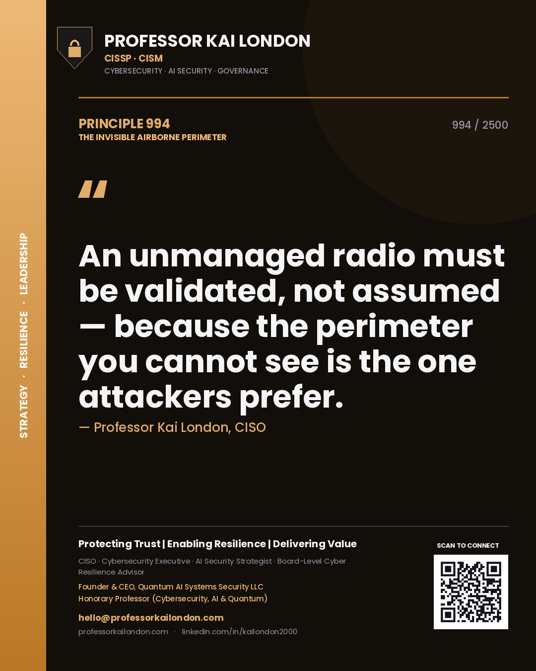 Quote card by Professor Kai London reading 'An unmanaged radio must be validated, not assumed — because the perimeter you cannot see is the one attackers prefer.'. From the book The Invisible Airborne Perimeter.