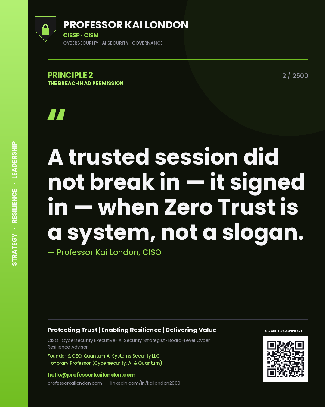 Quote card by Professor Kai London reading 'A trusted session did not break in — it signed in — when Zero Trust is a system, not a slogan.'. From the book The Breach Had Permission.