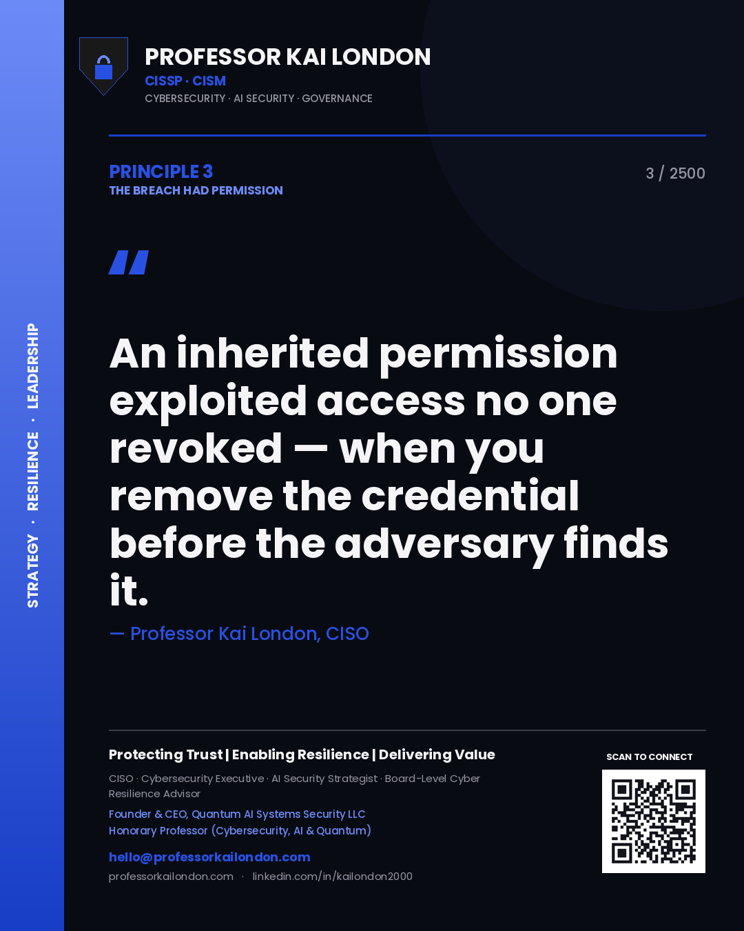 Professor Kai London principle 3: An inherited permission exploited access no one revoked — when you remove the credential before the adversary finds it.