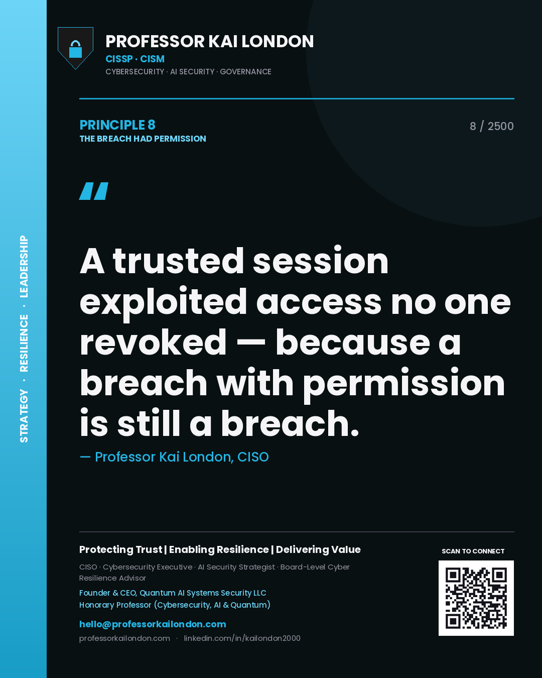 Quote card by Professor Kai London reading 'A trusted session exploited access no one revoked — because a breach with permission is still a breach.'. From the book The Breach Had Permission.