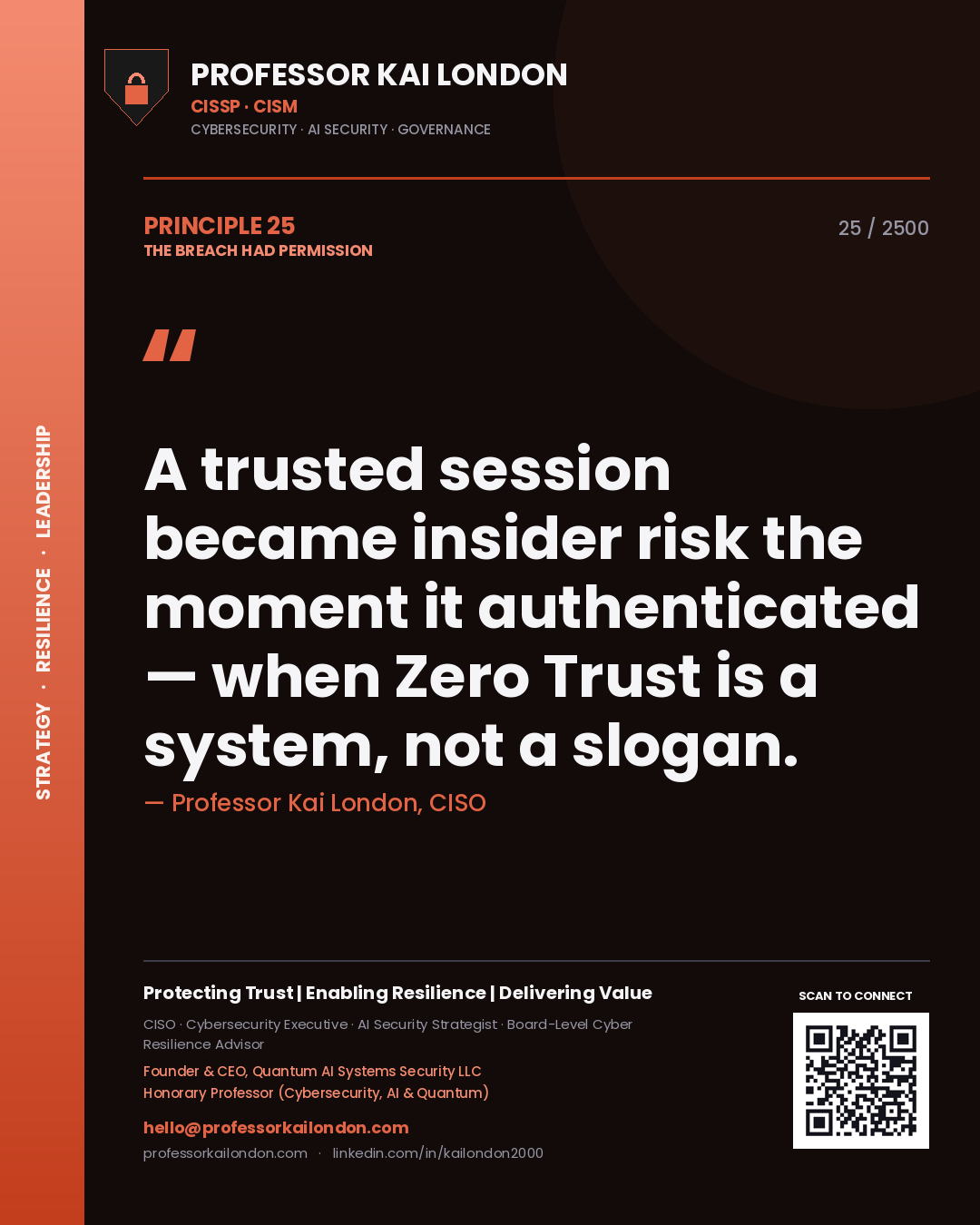 Quote card by Professor Kai London reading 'A trusted session became insider risk the moment it authenticated — when Zero Trust is a system, not a slogan.'. From the book The Breach Had Permission.