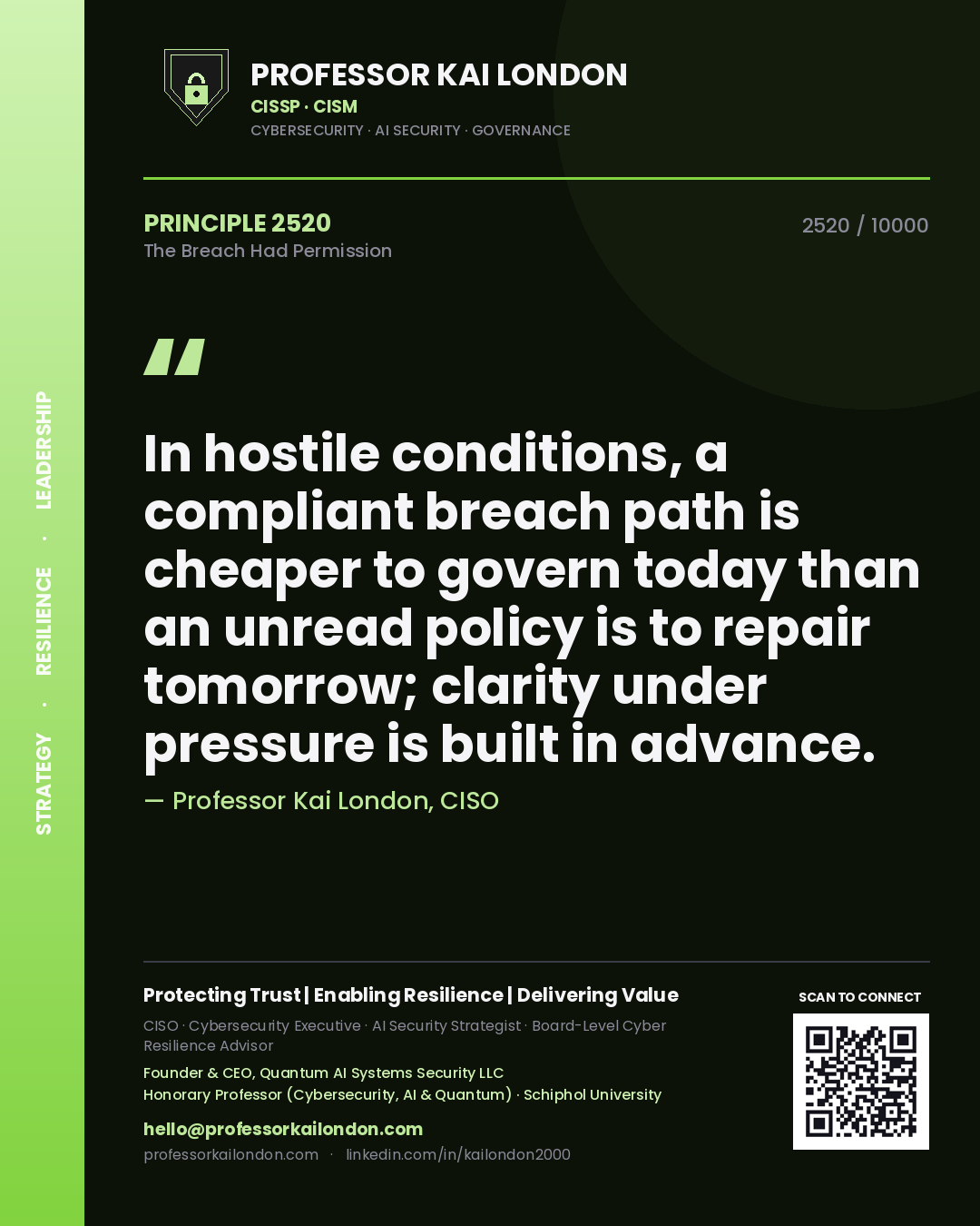 Professor Kai London principle 2520: In hostile conditions, a compliant breach path is cheaper to govern today than an unread policy is to repair tomorrow; clarity under pressure is built in advance.