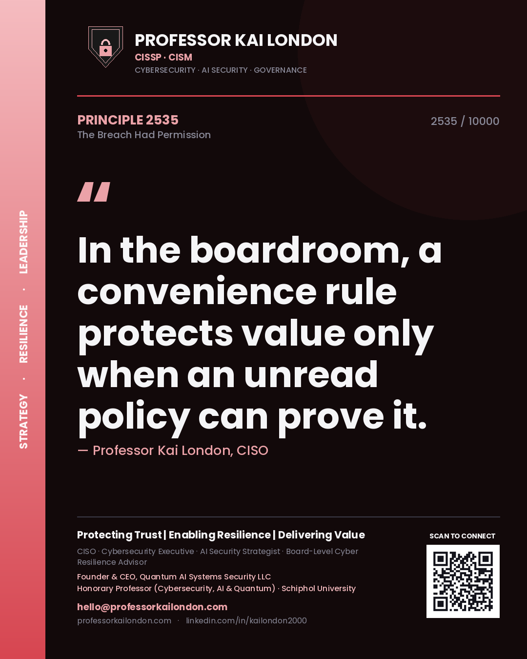 Professor Kai London principle 2535: In the boardroom, a convenience rule protects value only when an unread policy can prove it.