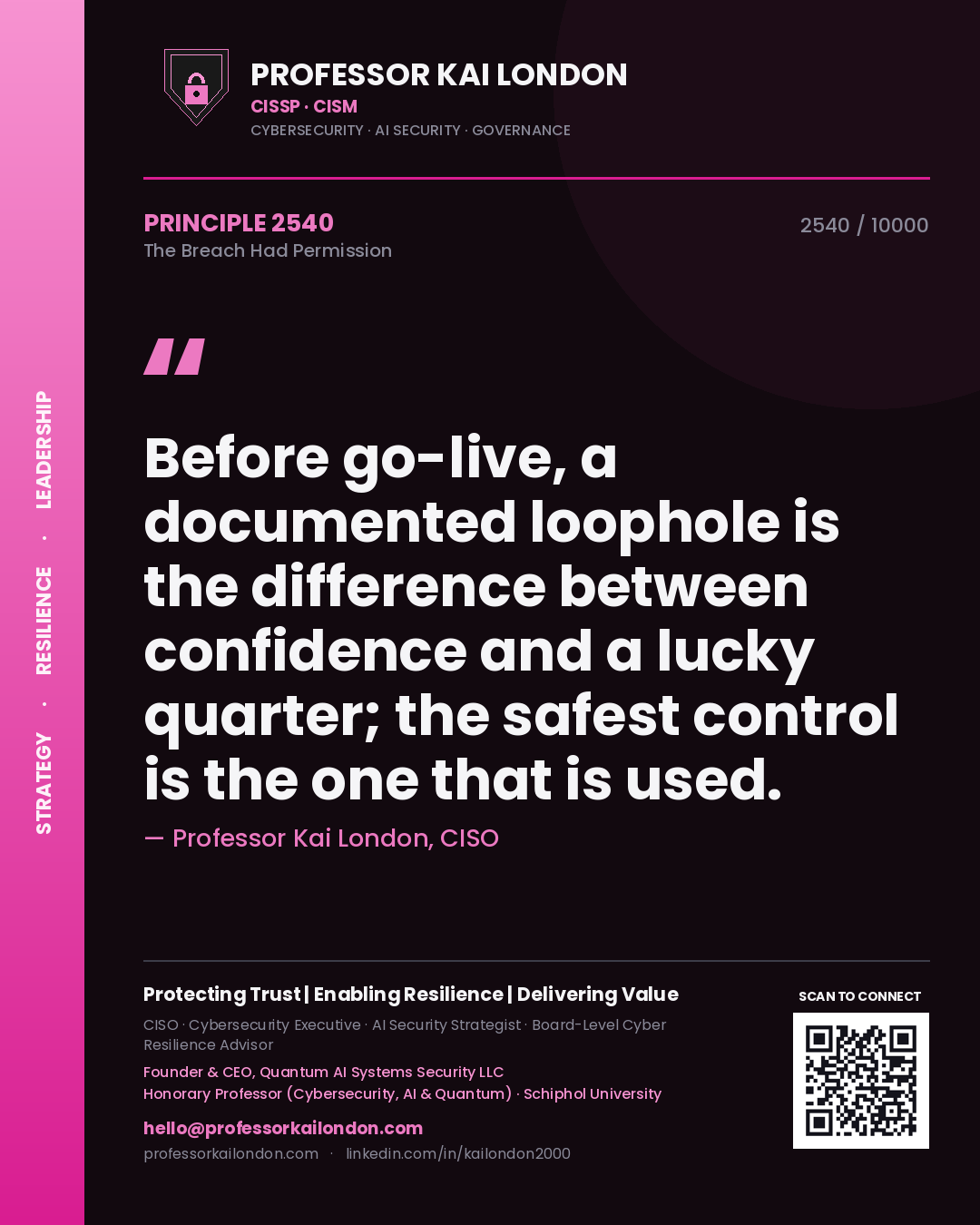 Professor Kai London principle 2540: Before go-live, a documented loophole is the difference between confidence and a lucky quarter; the safest control is the one that is used.
