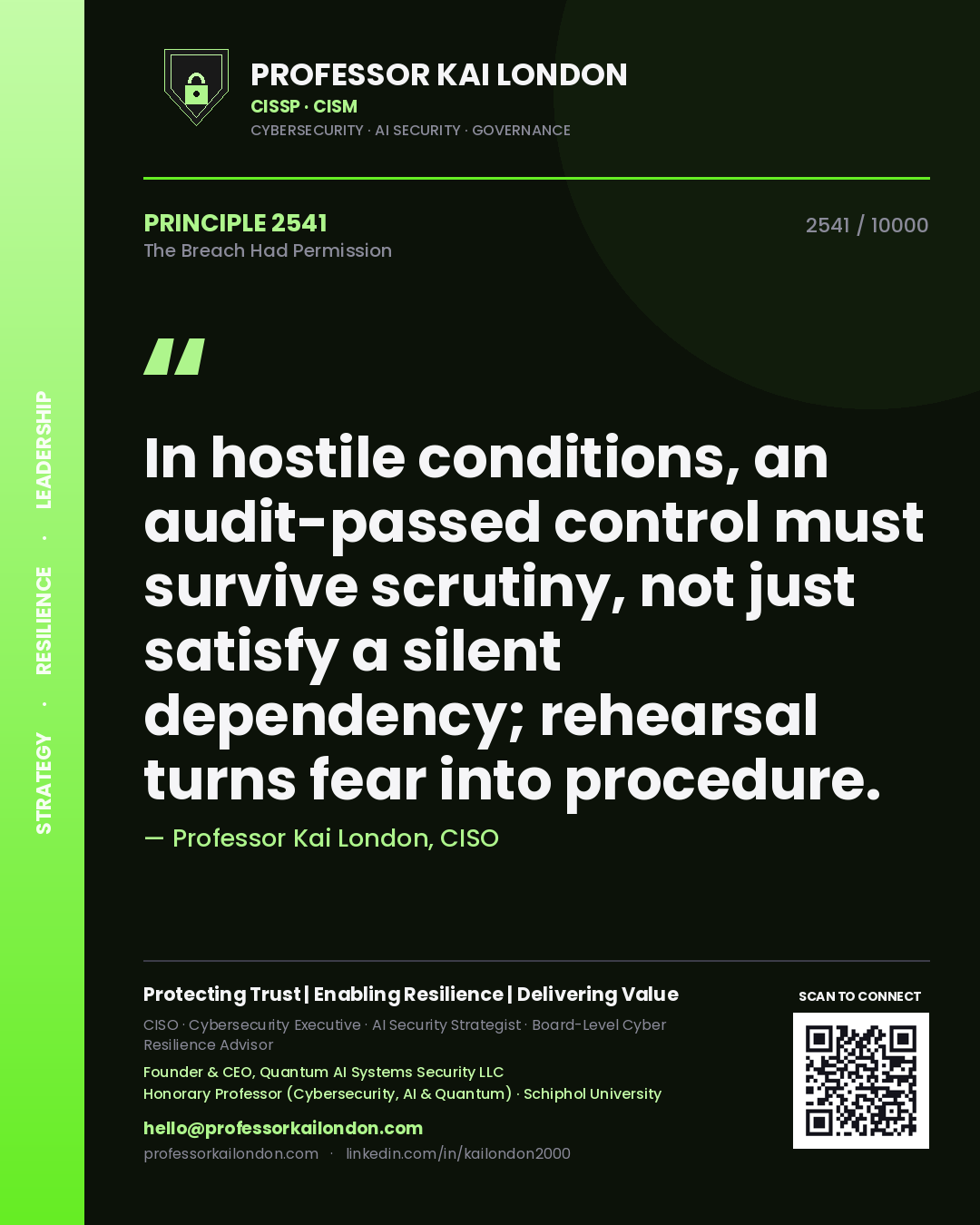 Quote card by Professor Kai London reading 'In hostile conditions, an audit-passed control must survive scrutiny, not just satisfy a silent dependency; rehearsal turns fear into procedure.'. From the book The Breach Had Permission.