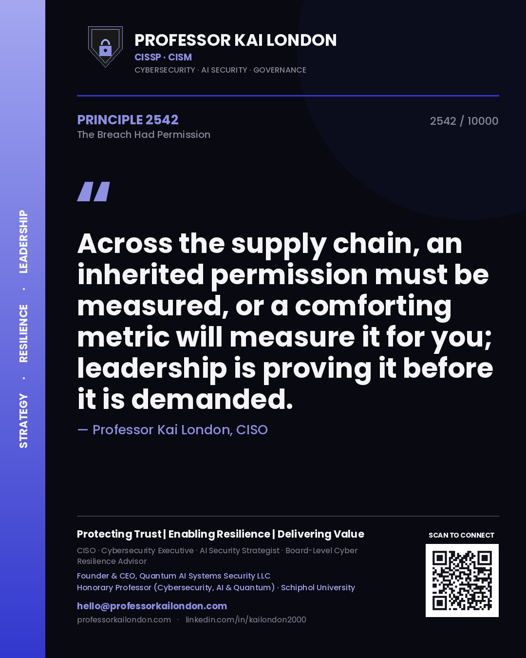 Quote card by Professor Kai London reading 'Across the supply chain, an inherited permission must be measured, or a comforting metric will measure it for you; leadership is proving it before it is demanded.'. From the book The Breach Had Permission.