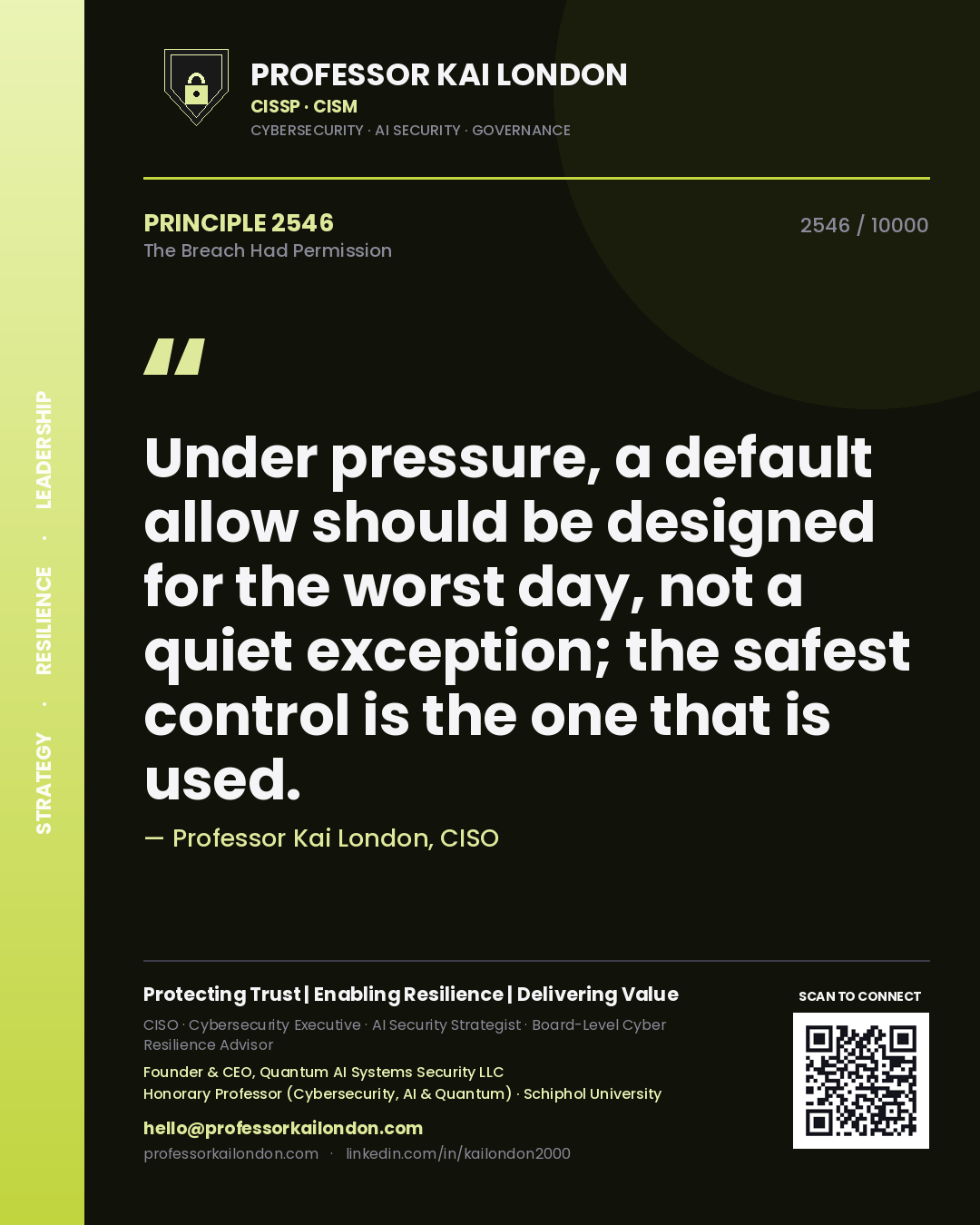 Professor Kai London principle 2546: Under pressure, a default allow should be designed for the worst day, not a quiet exception; the safest control is the one that is used.