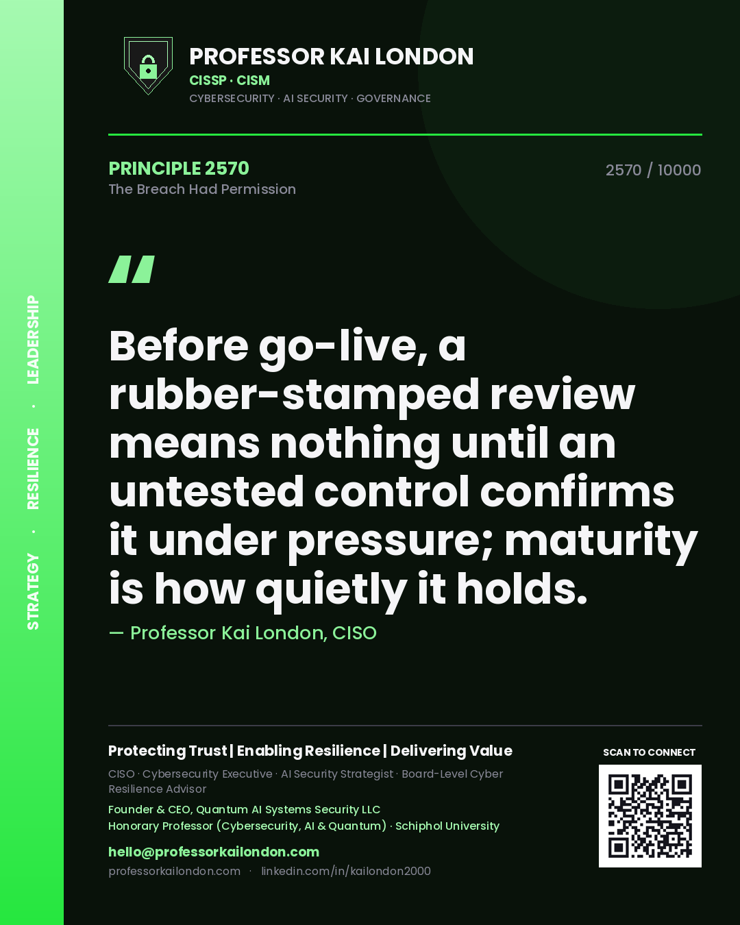 Quote card by Professor Kai London reading 'Before go-live, a rubber-stamped review means nothing until an untested control confirms it under pressure; maturity is how quietly it holds.'. From the book The Breach Had Permission.