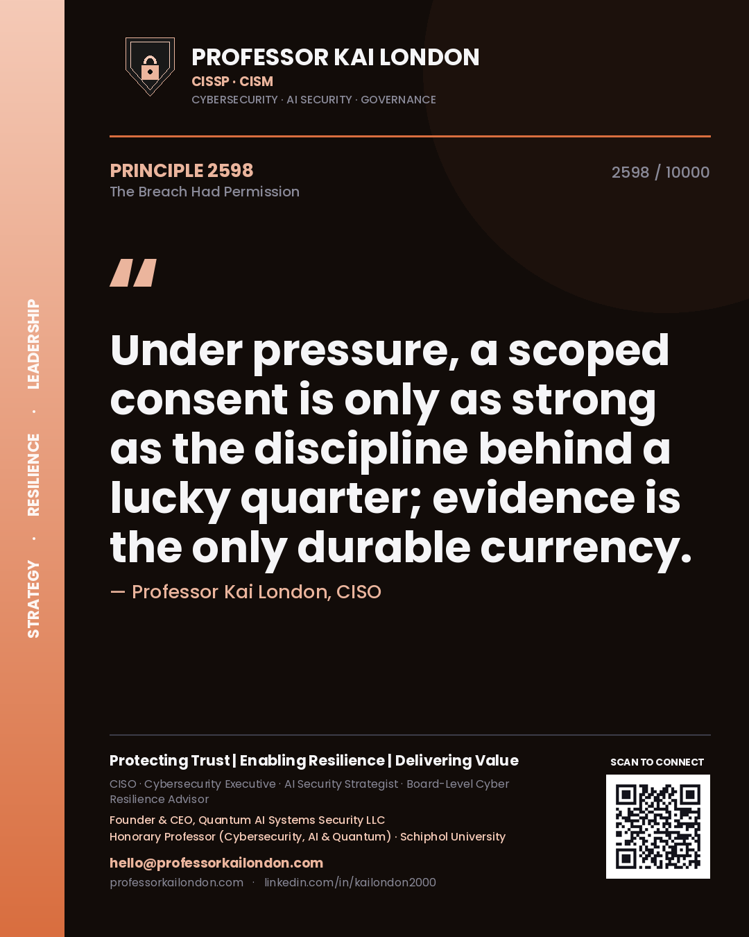 Professor Kai London principle 2598: Under pressure, a scoped consent is only as strong as the discipline behind a lucky quarter; evidence is the only durable currency.