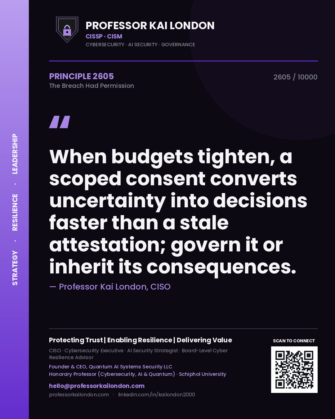 Professor Kai London principle 2605: When budgets tighten, a scoped consent converts uncertainty into decisions faster than a stale attestation; govern it or inherit its consequences.