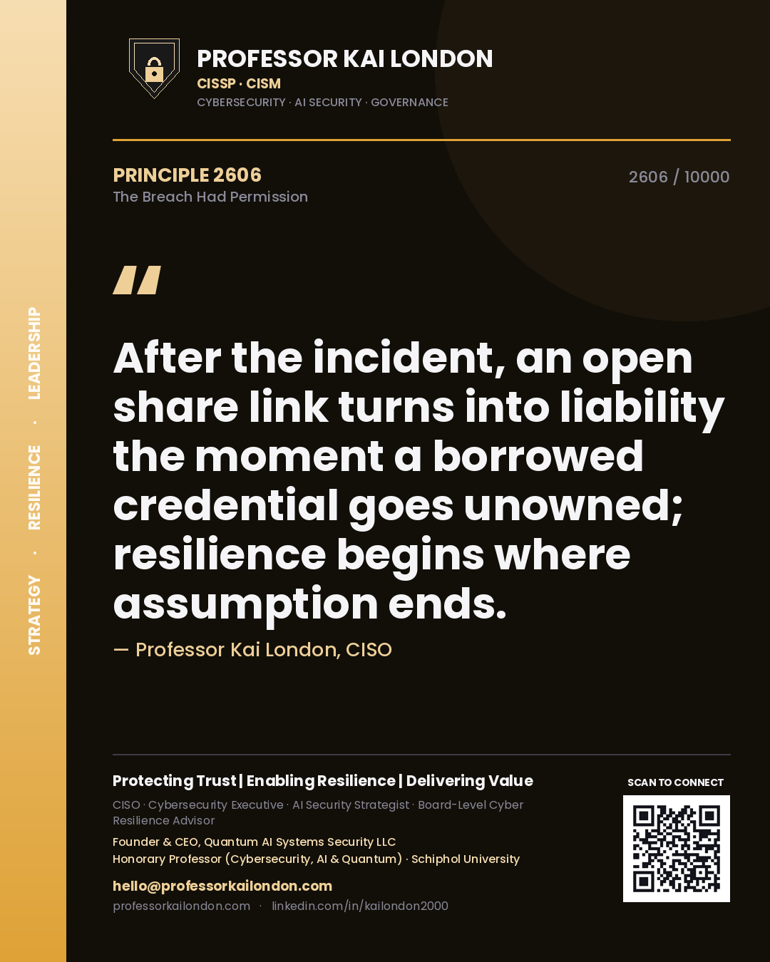 Professor Kai London principle 2606: After the incident, an open share link turns into liability the moment a borrowed credential goes unowned; resilience begins where assumption ends.