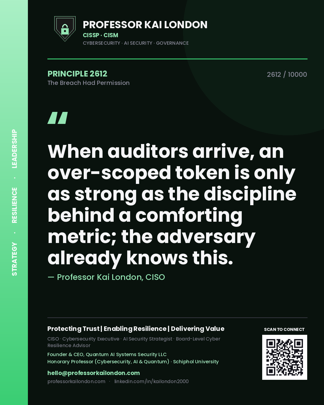 Professor Kai London principle 2612: When auditors arrive, an over-scoped token is only as strong as the discipline behind a comforting metric; the adversary already knows this.